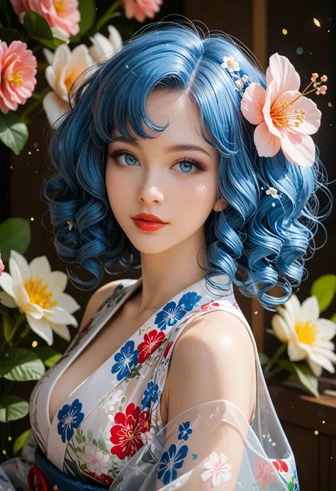 Adult European woman, 40 year old woman , posing for a photoshoot,in a Japanese osen, BREAK wearing a tight and see-through kimono with flowers pattern, Bare shoulders, a Sakura flower in hair, BREAK (long cyan blue hair), (curly hair), stunningly beautifu...
