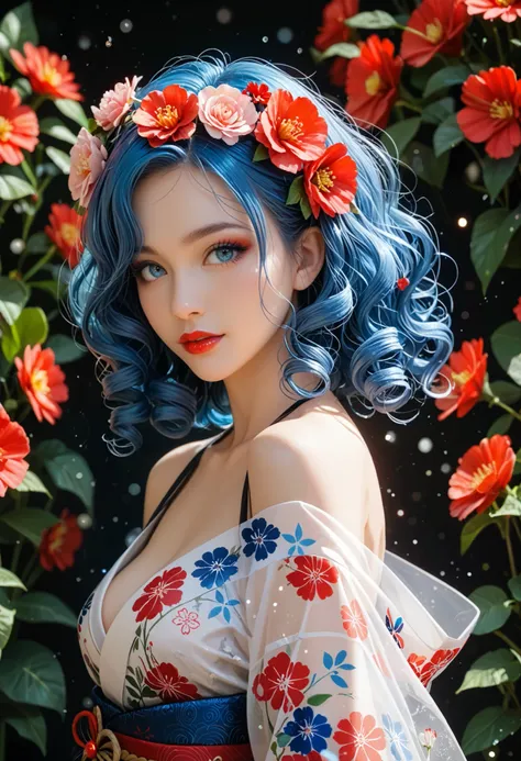Adult European woman, 40 year old woman , posing for a photoshoot,in a Japanese osen, BREAK wearing a tight and see-through kimono with flowers pattern, Bare shoulders, a Sakura flower in hair, BREAK (long cyan blue hair), (curly hair), stunningly beautifu...