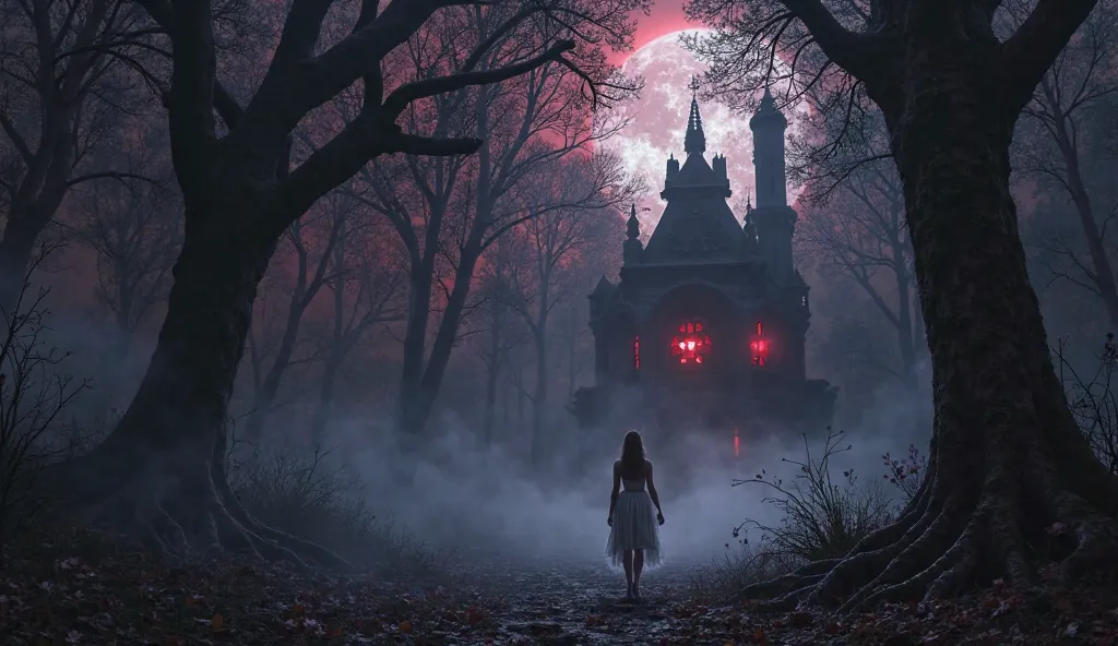 Create an image that (((captures the chilling gothic horror atmosphere of "Resfer: Who Is There"))). The scene unfolds in a hauntingly beautiful yet terrifying forest, where towering, gnarled trees form a suffocating canopy, blocking out the moonlight. A t...