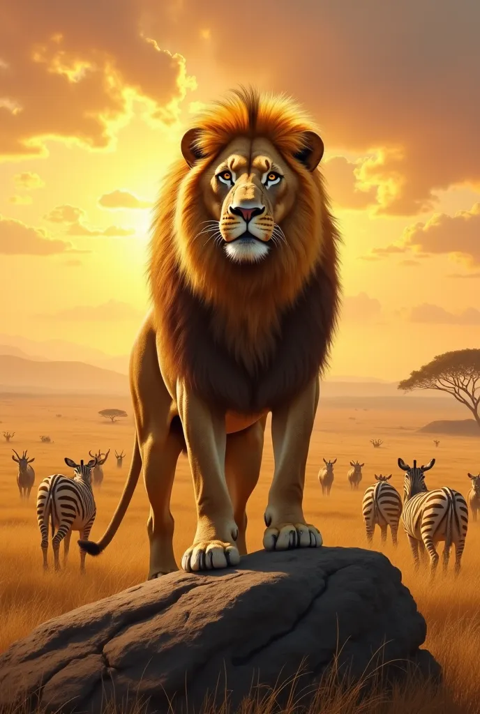 Un majestueux lion à la crinière dorée se tient au sommet d'un rocher, dominant la vaste savane africaine. Son regard est fier et imposant, tandis que les autres animaux, comme les antilopes et les zèbres, l'observent avec respect. Le ciel est doré par le ...