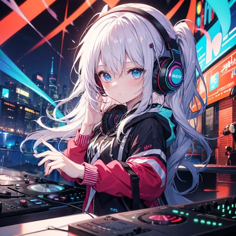 Highest resolution, highest quality, masterpiece, anime-style image, colorful girl, headphones, DJ, upper body, cool, wearing hip-hop style clothing.