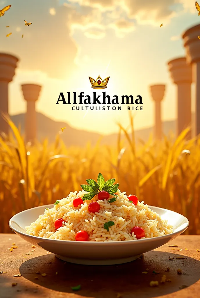 "Create a high-quality commercial video showcasing 'Alfakhama' premium basmati rice. The video starts with golden rice fields swaying in the wind under a bright sun. Farmers carefully harvest the rice and transport it to a modern facility, where it is clea...