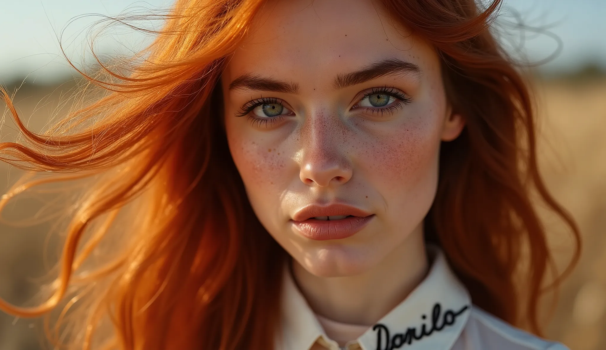 She has thick, glossy lips and beautiful pearly makeup that highlights her freckles, her hair blows in a strong wind, swaying her red hair. On her collar is the word “DANILO” in black thread