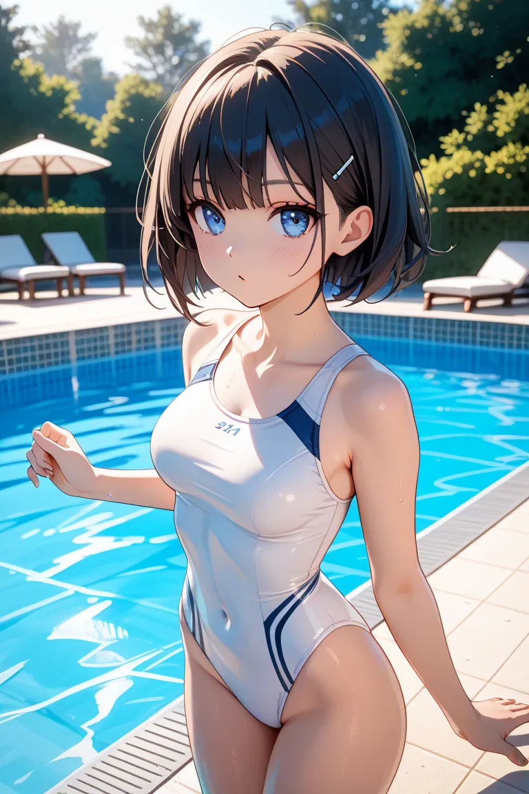 (masterpiece), best quality, high resolution, expressive eyes, perfect face, 
nsfw, 1girl, solo, (((natural lighting))), 
Japanese, 18 years old, slender, black short hair, straight hair, blue eyes, medium breasts, medium hips, 
one-piece swimsuit, white s...