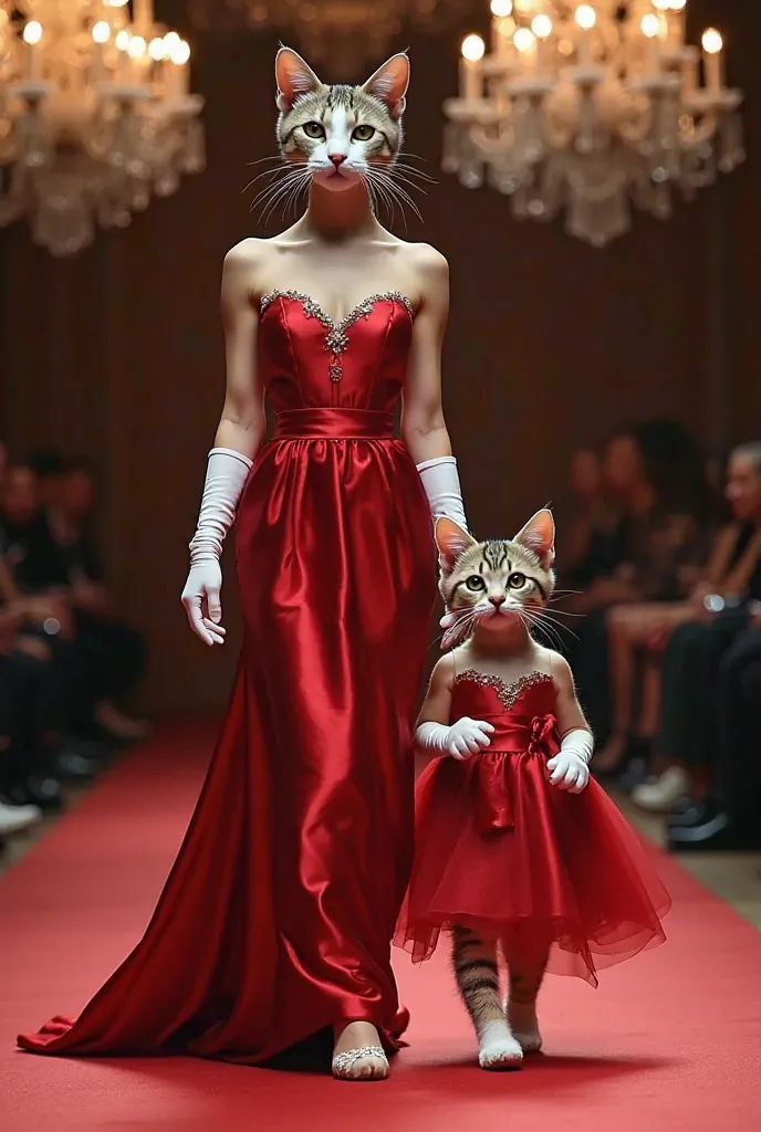 "A sophisticated mother cat wearing a royal red silk gown alongside her kitten daughter in a matching dress with a ribbon belt. The mother wears long opera gloves, and the daughter has tiny lace gloves. They walk gracefully on a runway adorned with elegant...