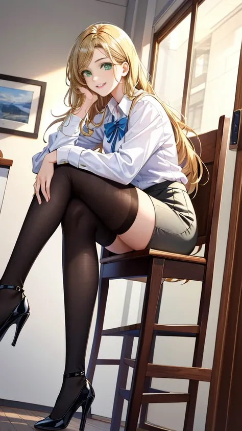 masterpiece，best quality， HD ,full body，clearly visible from head to foot， A Girl,   happy smile， perfect proportions  ，Golden Extra Long Hair,  soft green eyes , The Five Commandments are clearly depicted，Black Stockings ， Black Thin Heels ，Cross your leg...