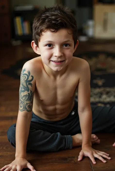 (((SPIKED HAIR, TATOO))), , boy on FLOOR, FULL BODY, (((CAMERA VIEW FROM FAR))), , , YOUNG BOY, , , ,, soft front right and left studio lighting, bright photo, ultra sharp focus, highly detailed, intricate detailed,,
