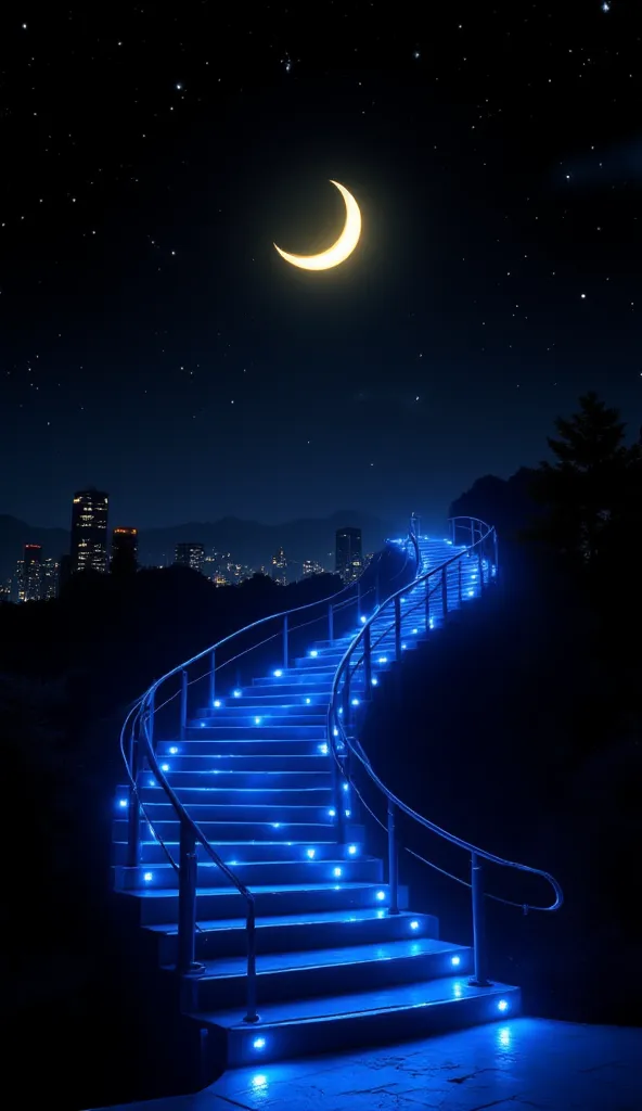 The beautiful pale yellow crescent moon shines in the jet black night sky。The stairs continue until that month。Illuminate透明な青色の美しくいクリスタル・ガラスの階段が月から画面の手前までかけられていています。fantastic、Extraordinary。The blue staircase has no handrails and floats in the air。Night vie...