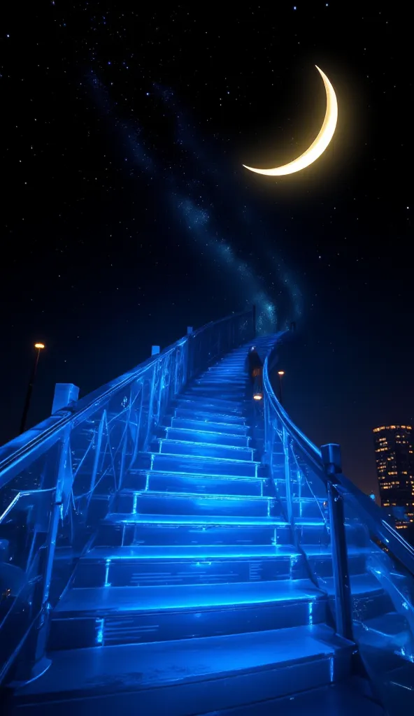 The beautiful pale yellow crescent moon shines in the jet black night sky。The stairs continue until that month。Illuminate透明な青色の美しくいクリスタル・ガラスの階段が月から画面の手前までかけられていています。fantastic、Extraordinary。The blue staircase has no handrails and floats in the air。Night vie...