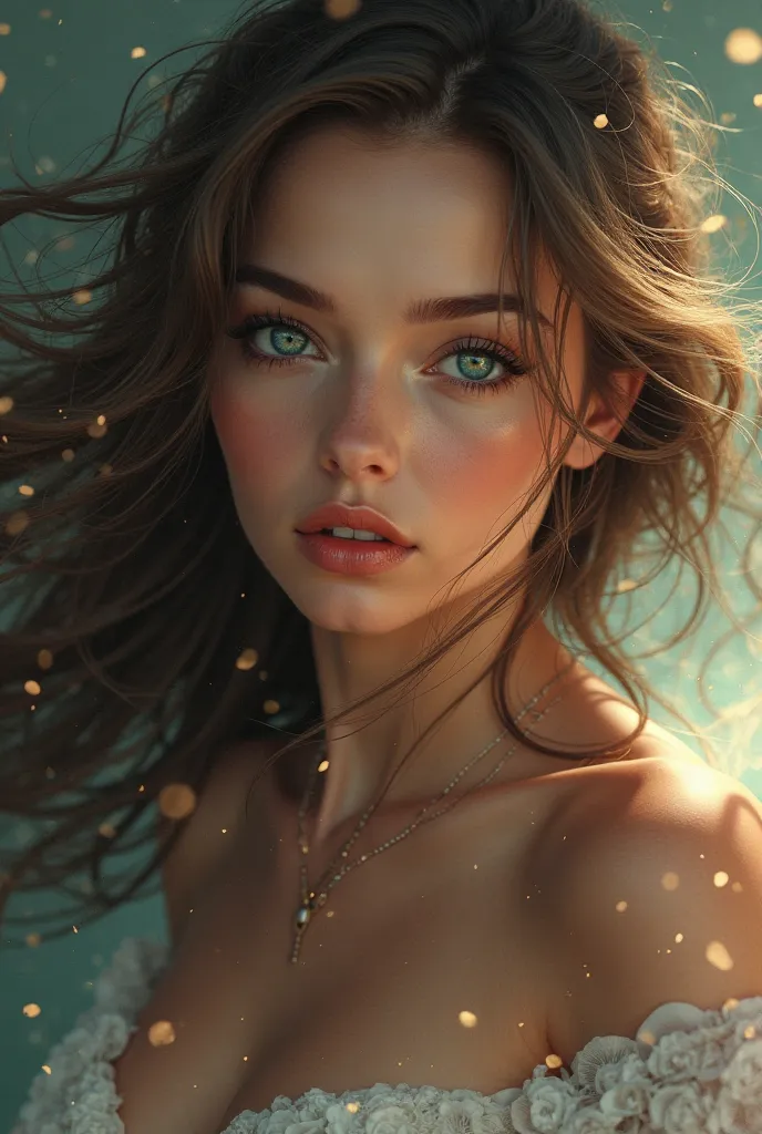 A beautiful woman influences sexy hair blue green eyes 