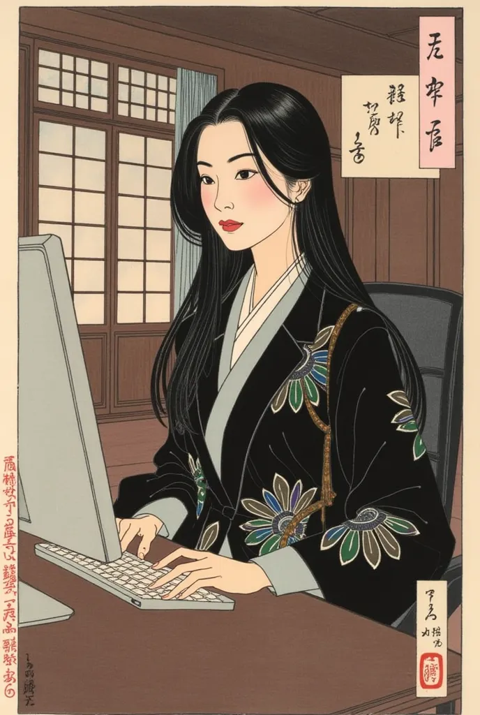 beautiful woman with long hair, Professional Outfit, sitting in the office, using a computer, computers, Portrait, no text, tsukioka1 Japanese woodblock print ukiyo-e, 