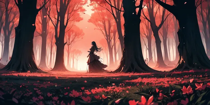 A haunting, surreal landscape under a sky of deep blood-red, swirling with dark, smoky clouds that pulse with a soft, eerie glow. The ground is covered in a carpet of vibrant, crimson flowers, their petals delicate and glowing faintly in the darkened light...