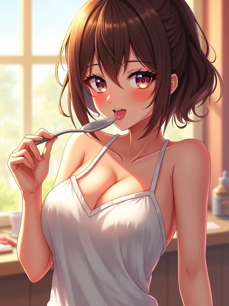 Super sexy and attractive anime waifu baker, wearing (only) a white kitchen wearing apron, licking a spoon, horny smile, happy colors, masterpiece quality 