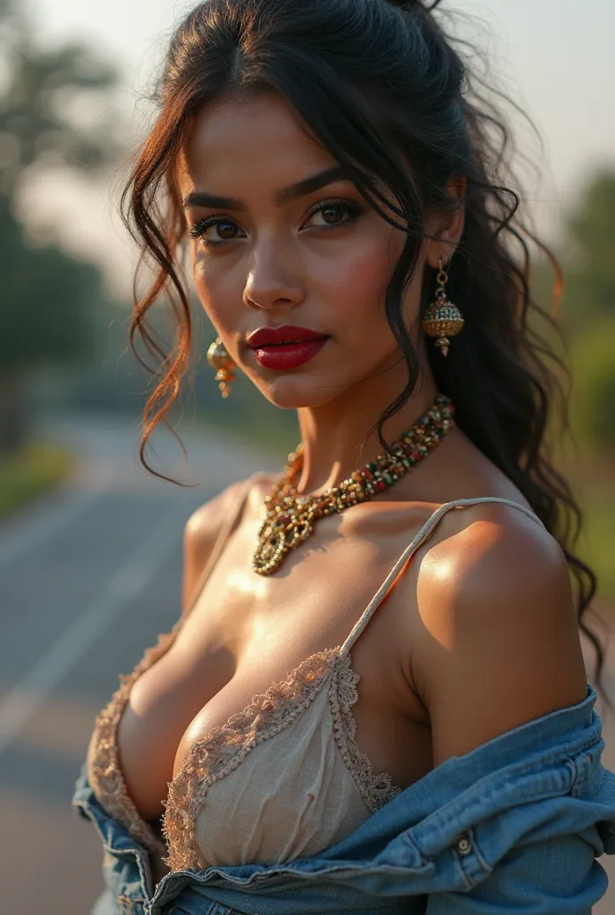 Sreeleela, extreme close up photo of naked sreeleela , curvy, hourglass figure, swooping breasts, deep cleavage, seductive eyes, look at viewer, seducing on road, necklace, denim shirt, braless, red lips, sultry, ponytail, (cinematic:1.3), intricate detail...