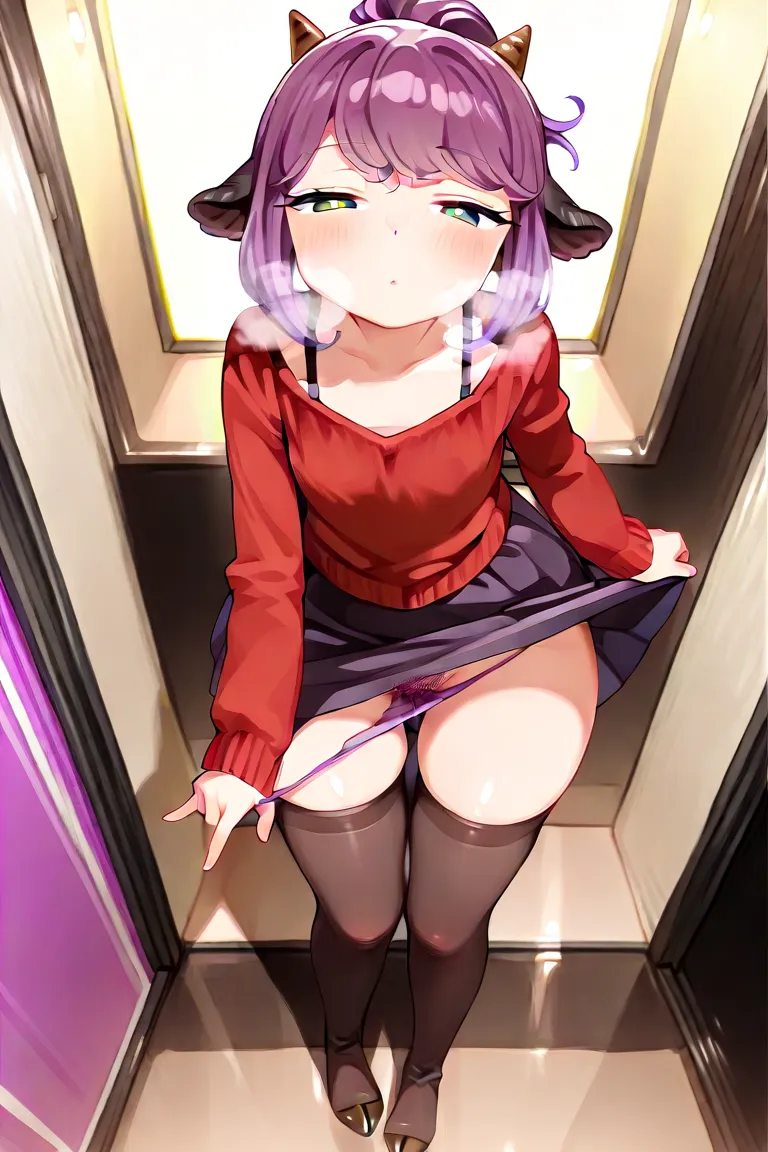 ((1girl, Hairy, girl-ram, red long sweater, skirt and black stockings, ultra cute face ,  green eyes,  lamb horns)), 
((super detailed illustration, Lush purple hair, flat chest, beautiful play of light and shadow, diffused light, Ultra detailed hair, surr...