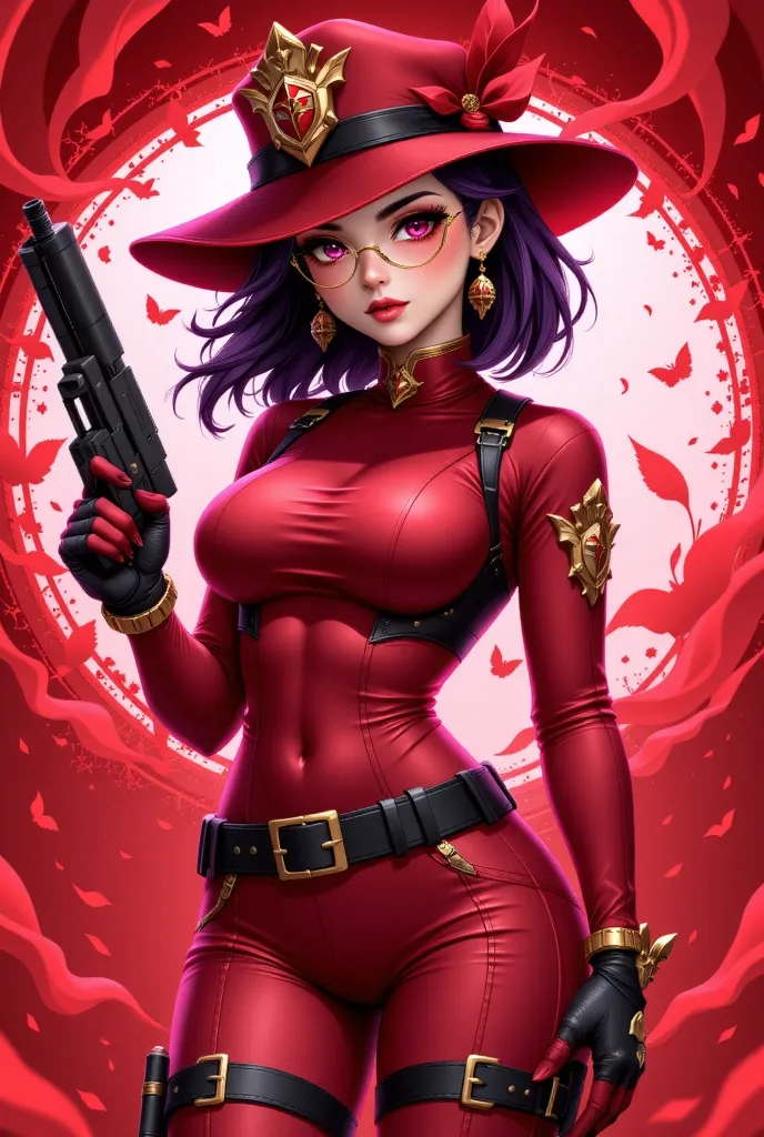 Anime girl in red costume with red hat and sunglasses holding a gun, Belo Betty, purple hair, crimson theme, extremely detailed  Germ of Art, Todo red, crimson attire, style  Germ of Art, trend in artstation, miss fortune,   fanart best artstation  , Red h...