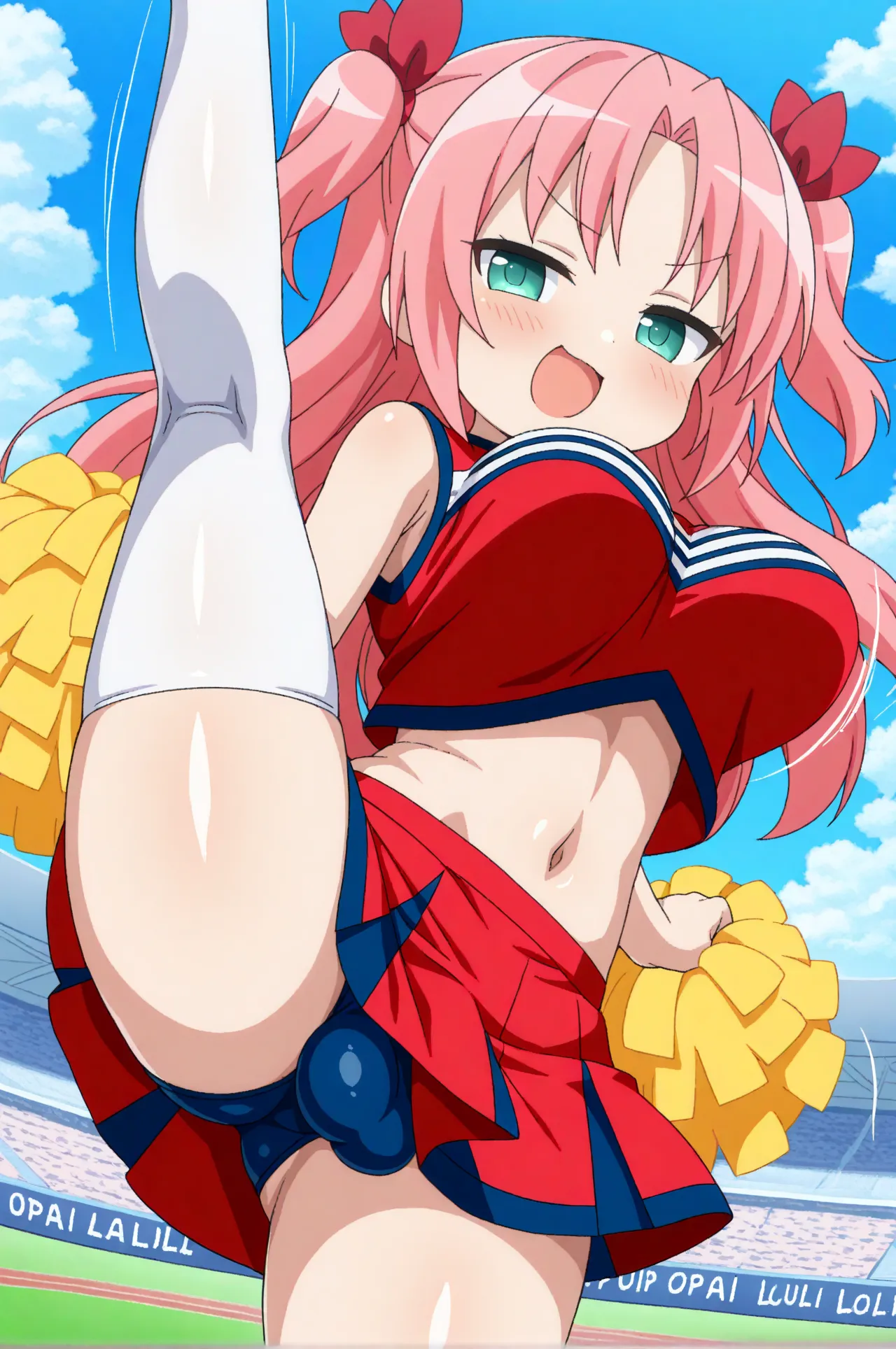 ultra-detailed,by anime screen cap,uncensored,1girl,solo,himea, long hair, red hair ribbon, two side up,
(oppai loli,shortstack,cute,:1.2)shiny skin,glare skin,
medium breasts,wide hips,thick thighs,
navel, red skirt, sleeveless shirt,red shirt, midriff, w...