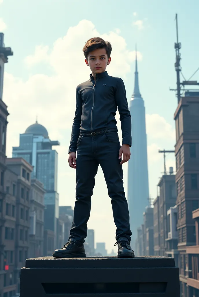 A powerful boy standing on the building