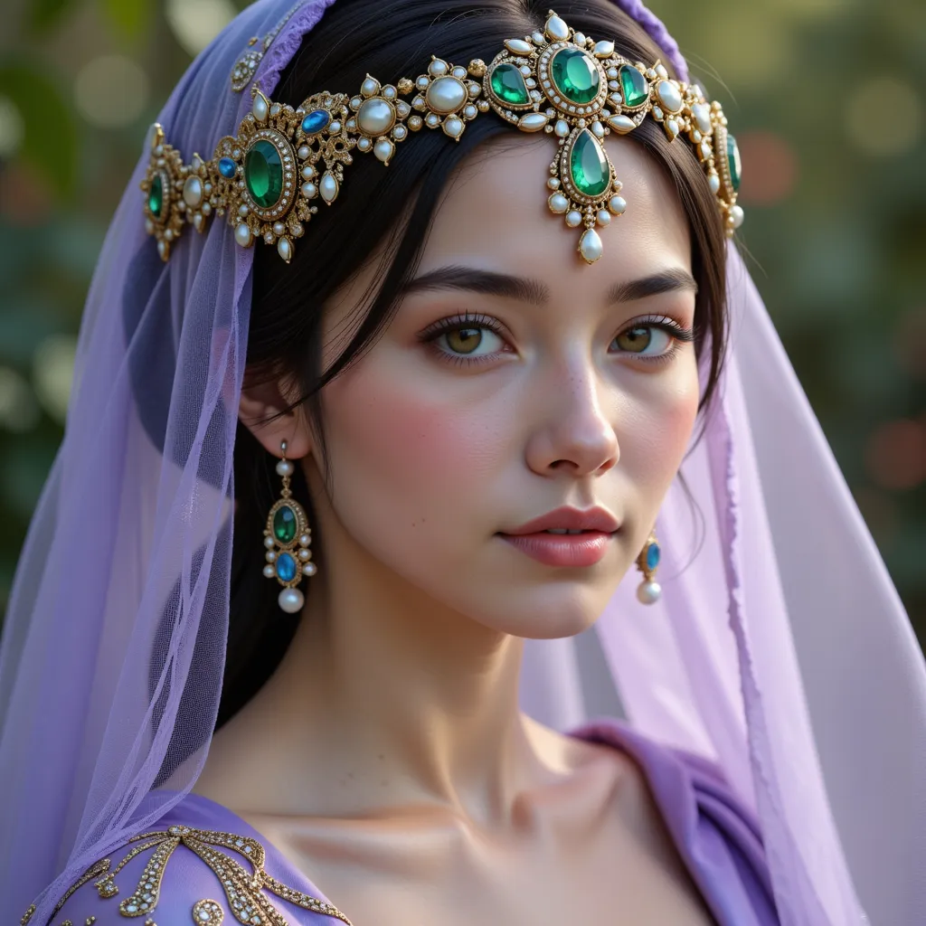 Detailed Prompt
A graceful young woman with dark hair, dressed in a flowing lavender gown made of translucent silk, adorned with intricate embroidery featuring gold filigree and gemstones. She wears an elaborate jeweled headpiece with green and blue stones...