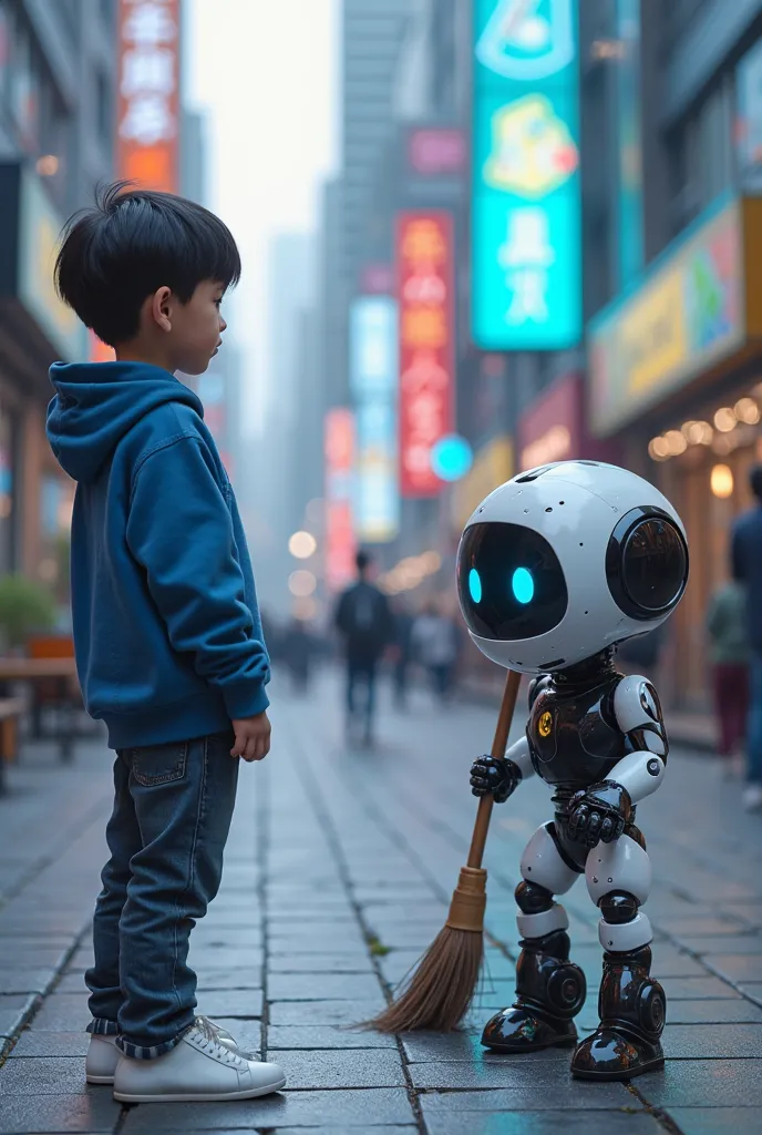 A young boy named Nam stands at a distance, curiously observing Robot Nam is a  boy with short black hair, wearing a blue hoodie, dark jeans, and white sneakers. He scratches his head in confusion as he notices Loopy endlessly sweeping, even though the str...