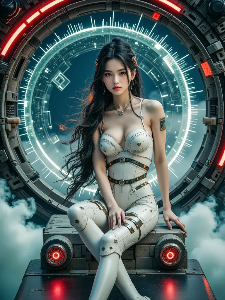 Close-up, hyperrealistic photography, futuristic technology, cyberpunk style, cyber, virtual engine, realistic, a sci-fi beautiful girl with long flowing hair, wearing a white cyberpunk suit, the girl is cool and handsome, she is sitting in a spaceship, da...