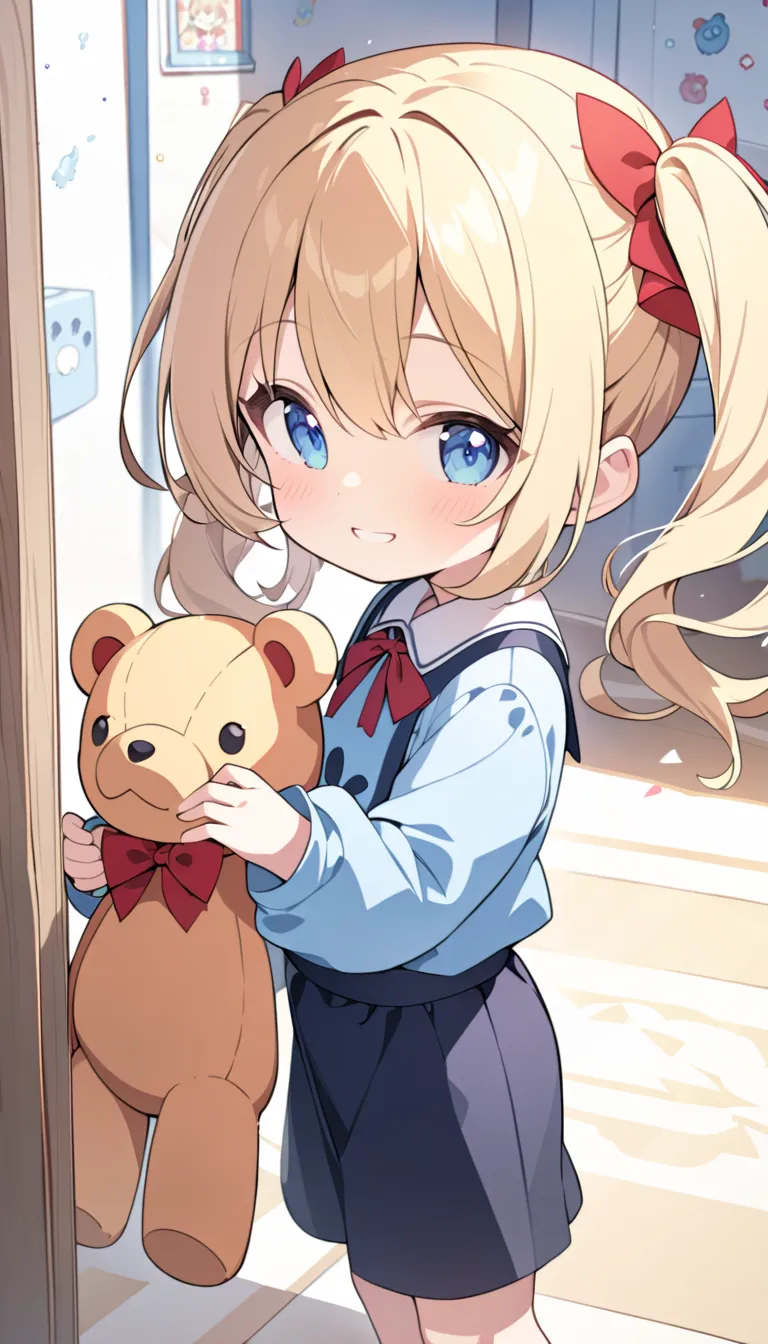 1 girl, blonde hair, blue eyes, ,  twintails,  looking happy, about three years old, detailed, wallpaper, masterpiece, best quality, about 100cm height， flat chest, , very young,  happy,  kindergarten, kindergarten outfit, playing with a toy bear, 