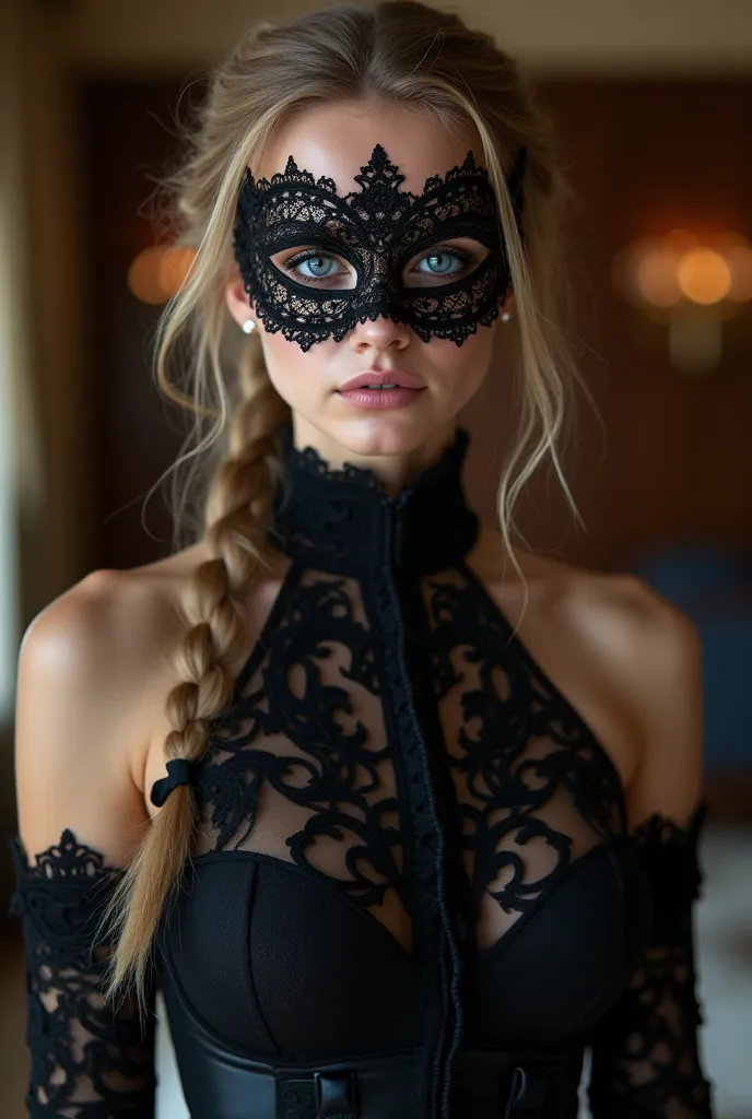 close up, sharp focus, 18 years old, perfect face, beautiful woman, slim, athletic, blue eyes, braid twintail, (she is wearing lace masquerade mask on her eyes:1.5). eyes are accentuated with dark eye makeup, giving them an intense, mysterious, or rebellio...