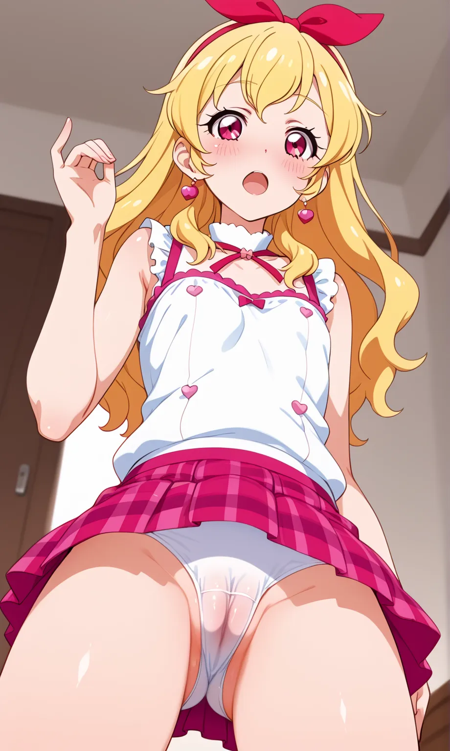 Anime illustration of a girl doing a handjob gesture while looking at the viewer. (Red ribbon on headband: 1.2), 1 girl, solo, blonde hair, open mouth, cameltoe, blonde hair,, looking up, from the chest up, best shot, bedroom, Ichigo Hoshimiya (Aikatsu)! )...