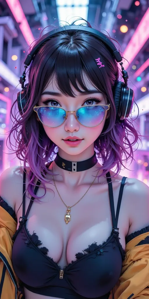 **"A stylish young woman wearing modern headphones and transparent blue glasses that reflect the surrounding light. Her hair is styled in a unique and cool anime-inspired fashion, possibly with gradient colors or striking accents that enhance a futuristic ...