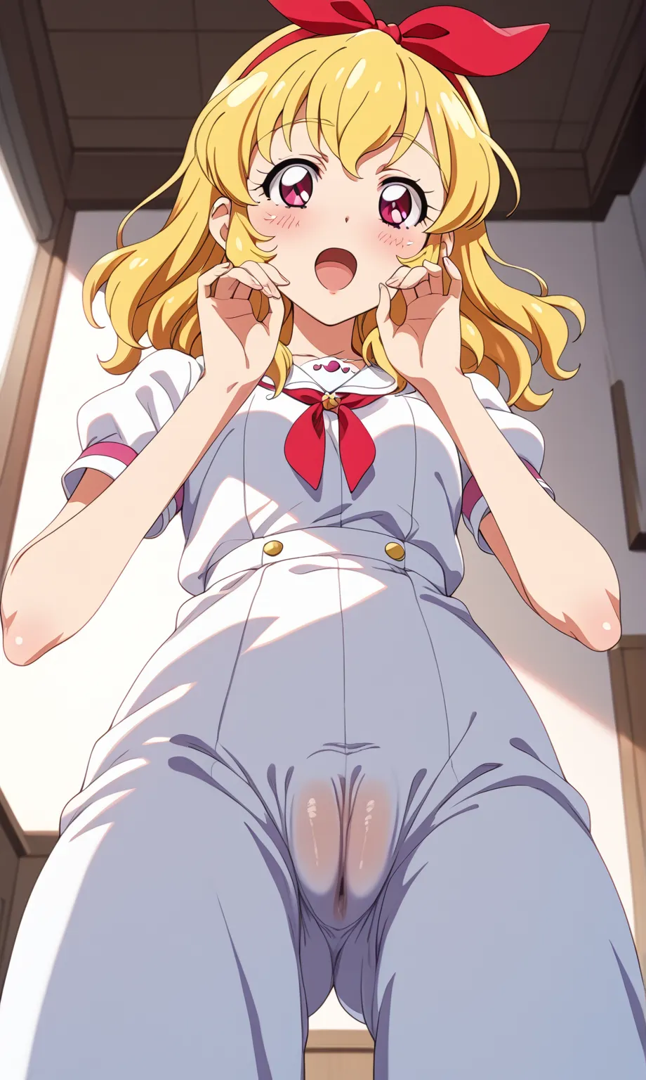 Anime illustration of a girl doing a handjob gesture while looking at the viewer. (Red ribbon on headband: 1.2), 1 girl, solo, blonde hair, open mouth, cameltoe, blonde hair,, looking up, from the chest up, best shot, bedroom, Ichigo Hoshimiya (Aikatsu)! )...