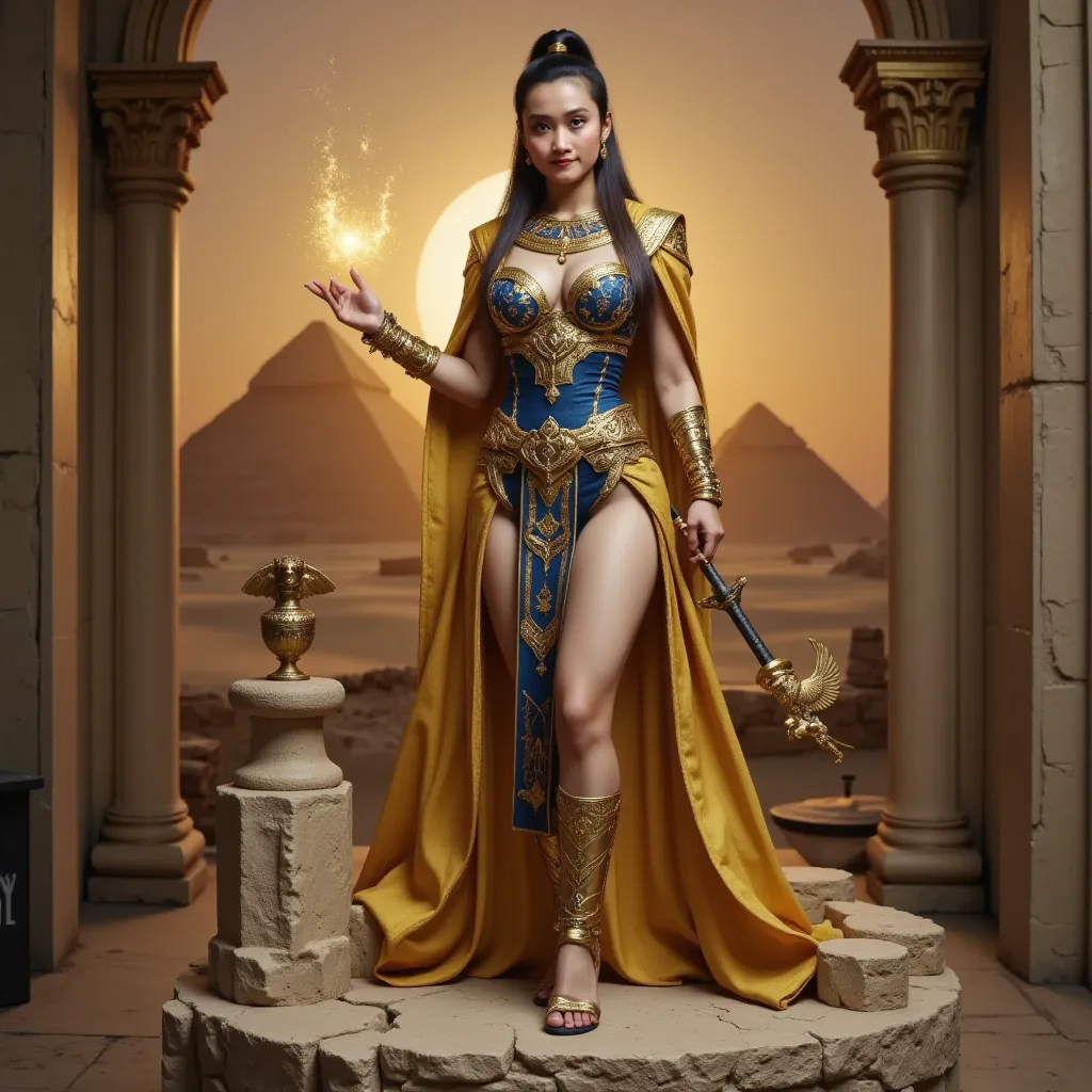 A highly detailed and realistic **female figurine** stands regally on an **ancient desert temple display base**, radiating the divine power of the **Pharaoh X-Suit from PUBG Mobile**. She has **long, dark brown hair adorned with golden ornaments**, with **...