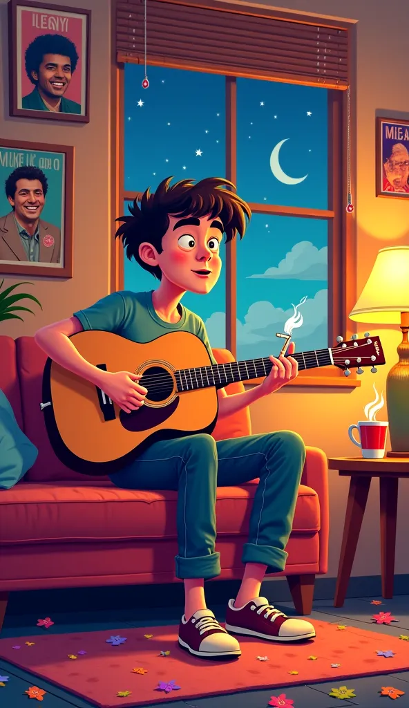 Create a vibrant cartoon illustration featuring a young man passionately playing an acoustic guitar while singing in his room. He casually holds a lit cigarette in one hand, and a steaming cup of coffee sits on a nearby table. The room exudes a relaxed, in...