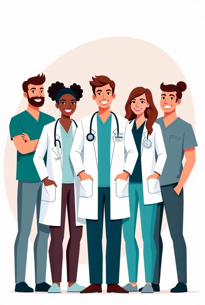 A group of diverse healthcare professionals, including doctors and nurses, standing together confidently with smiles. Some wear white lab coats with stethoscopes around their necks, while others wear scrubs in various colors. The team looks friendly, suppo...