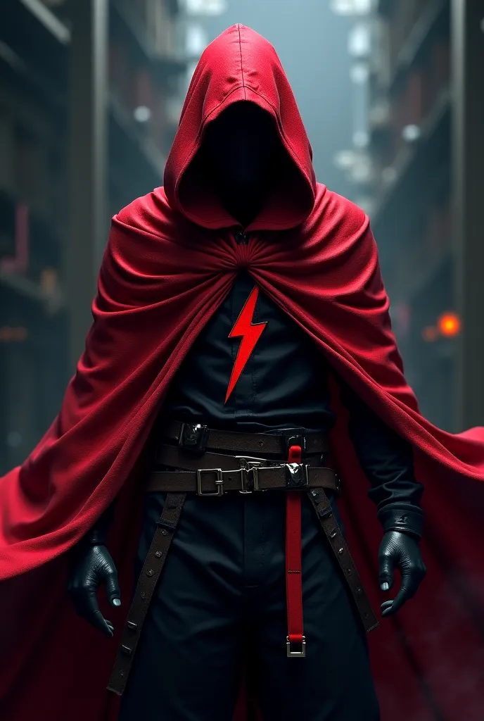 Make a ninja that doesn't show his face with a red hood and a red lightning bolt on his chest