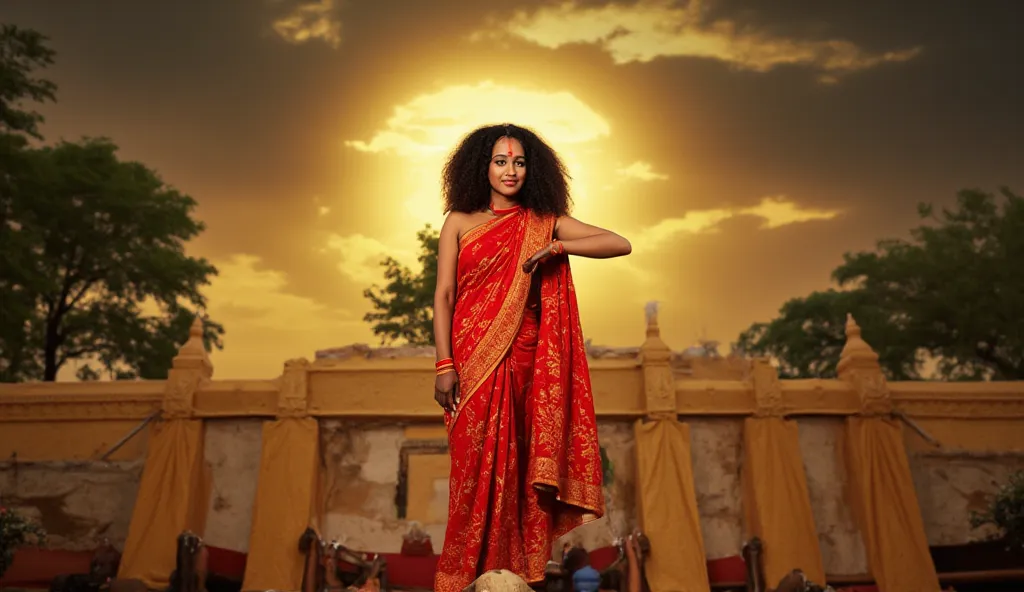 magine prompt: A Kerala malayalee lady curly long hair her face and dress like a kerala durga devi hari giri A powerful depiction of Goddess Durga in her fierce Aigiri Nandini form. She stands majestically , Her face radiates power and grace, adorned with ...