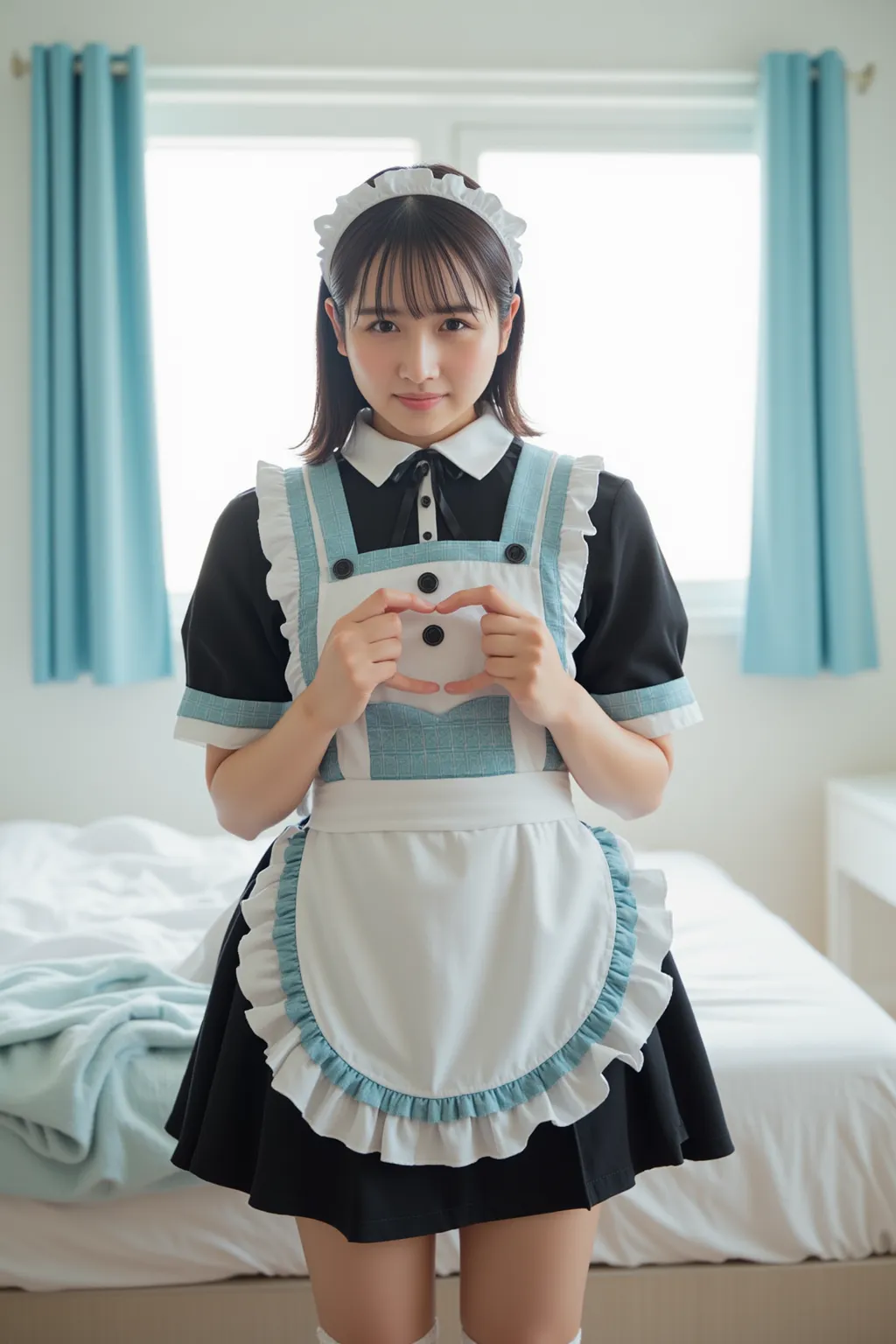 photorealistic, 8k, bright natural daylight with Soft, Uniform diffusion, high contrast for vivid details, girl around her neck, Japanese, light brown hair tied at the back with a white headband, wearing black short sleeve maid clothes with white ruffles a...