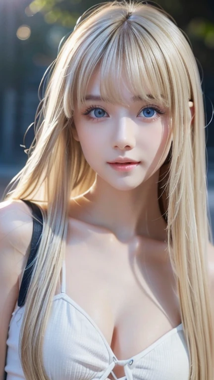 True Photo Quality、Extraordinary sexy beauty、 Beautiful calm and bright expression 、 sexy fresh look 、 long bangs over a perfect beautiful cute face 、super long vibrant light blond straight silky hair、Blonde hair on a beautiful face 、 very cute beautiful s...