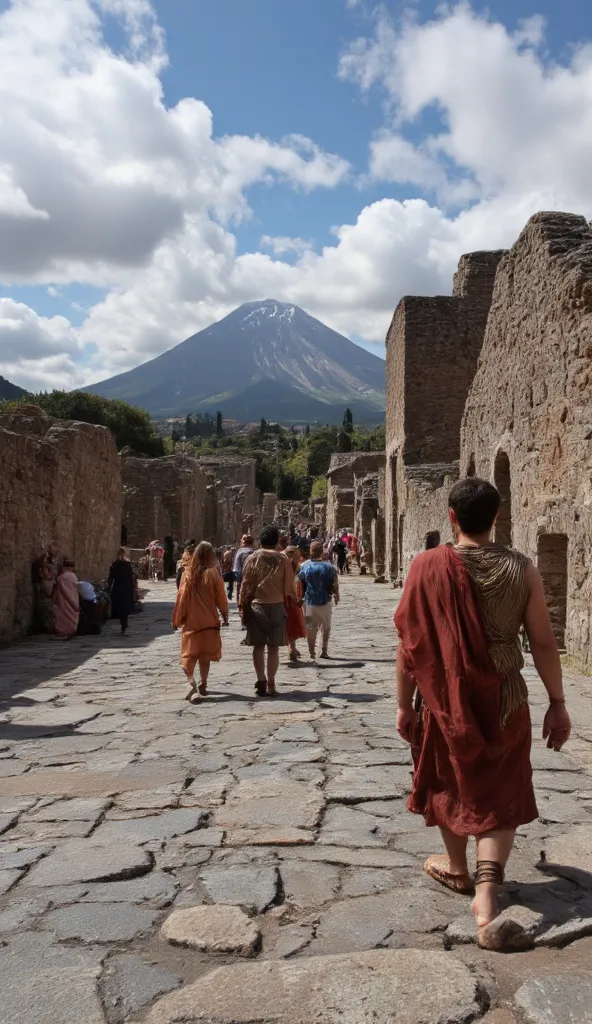 Real photo people walking around the city of Pompeii year 500 A. In the background is Mount Vesuvius.. All characteristics of the time and without anything modern in the photo ( people in clothing of the time) 