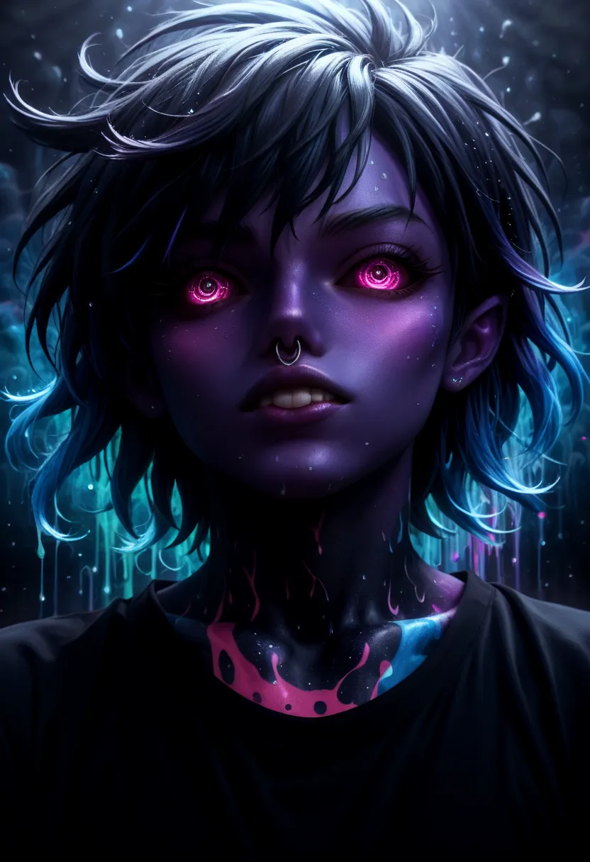 A surreal and psychedelic illustration of a distressed character with long, messy purple hair. The character's face is highly stylized, with wide, expressive eyes filled with sadness and confusion. Their hands grip their head in anguish, fingers tense. Vib...