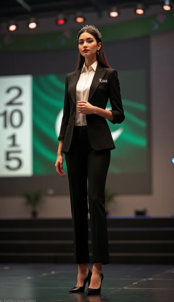 a beautiful young elegant tallest girl in black cover office suite over white shirt with her head put crown  modelĺing stage to give her noble prize award in big hall in peshawar and back side put Pakistan flag and write 2025 on screen backside and write h...