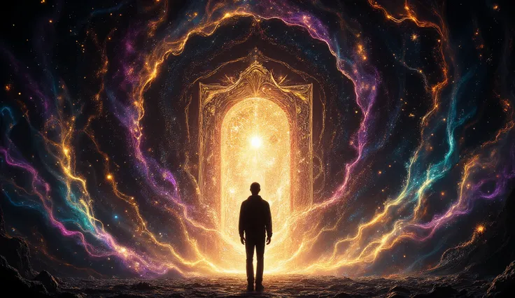 A surreal scene featuring a silhouetted man in front of an intricately designed open door, which radiates a brilliant colorful light. This doorway serves as a portal to the cosmos, surrounded by swirling star patterns and vibrant colors that convey a sense...