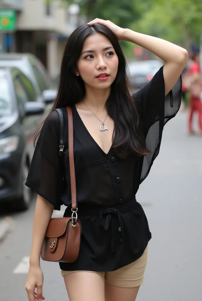 Beautiful Indonesian young girl (((super slim body; hairy))), little wavy long hair (((black colour))), wearing indonesian traditional kebaya (((black colour; cleavage; see through))), wearing silver necklace ((("BA" pendant))), wearing very short pants ((...