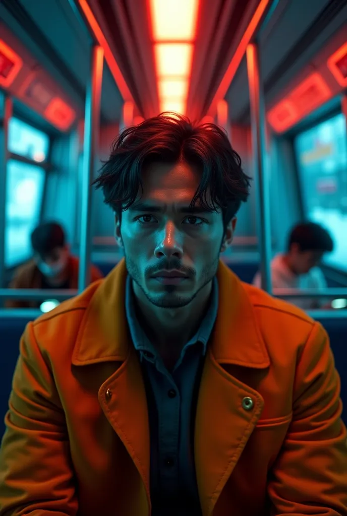 Below is the revised prompt with the addition of an orange coat for the man, while keeping the rest of the description intact and ensuring it fits naturally into the cyberpunk aesthetic:
"A cinematic cyberpunk close-up portrait of a 35-year-old man, seated...