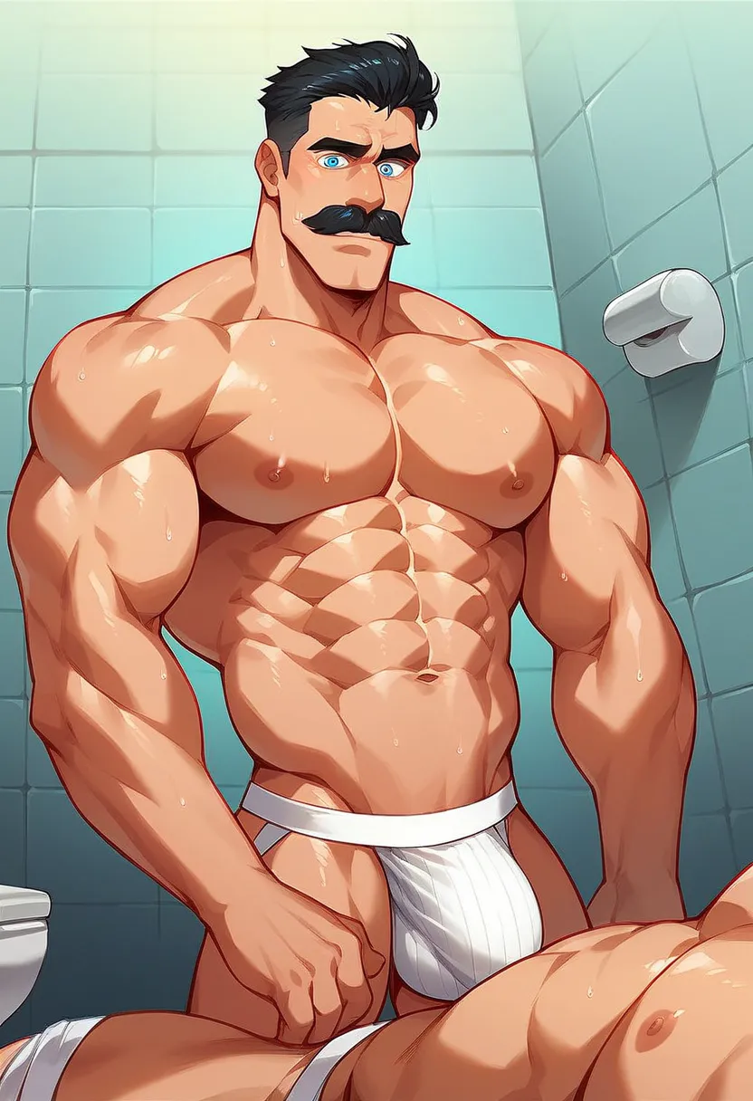 (looking down, watching at Viewer:1.3), score_9, score_8_up, score_7_up, score_6_up, score_5_up, source_anime, very manly face, beefy body and Powerful Biceps, OmnimanIL, 1boy, black hair, short hair, blue eyes, male focus, mature male, mustache, muscular,...