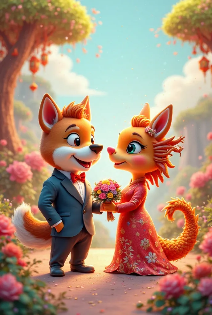 design for me random wedding photo between 2 of the following ren:  mouse , Buffalo, Tiger, Cat ,dragon,snake,HORSES,Give,monkey,chicken,dog ,cute pig very beautiful bright colors happy face beautiful glitter 3d style groom costume wearing happy smiling fa...