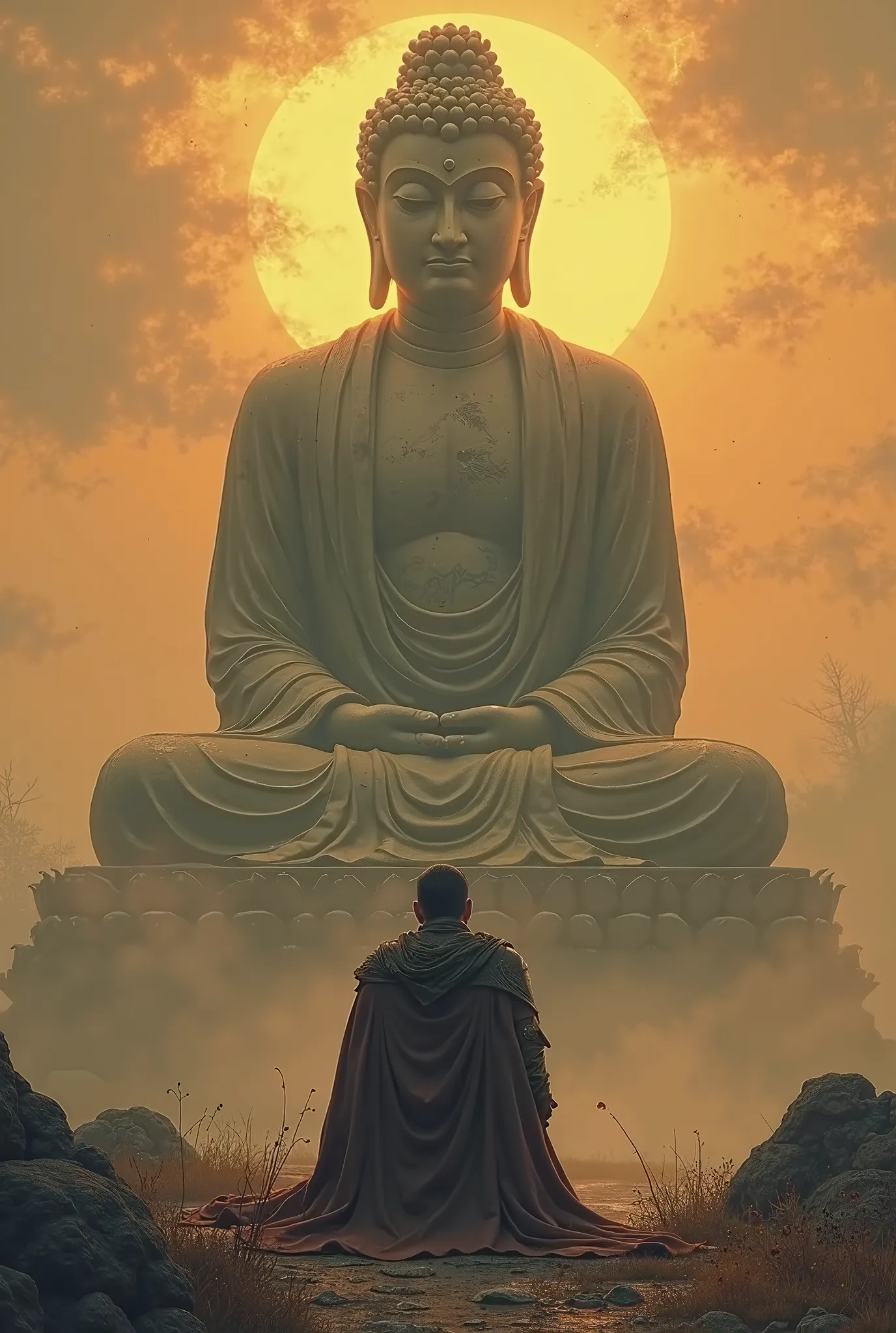 with a yellow-orange sunset, the atmosphere is gloomy but still romantic.  the image of a weary warrior, full of wounds and bloodstains, has just experienced a fierce battle.  fall , kneeling at the foot of a giant Buddha statue, appears with a gentle ligh...