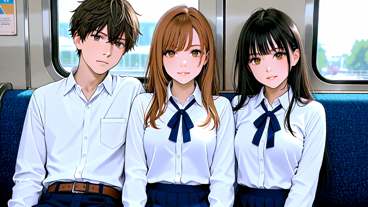 An 18-year-old high school boy and girl are on a train、Only 2 people are shown、Their hair color is light brown, close to black、The two are wearing high school uniforms、The woman is wearing a skirt、the focus is on and details are also drawn