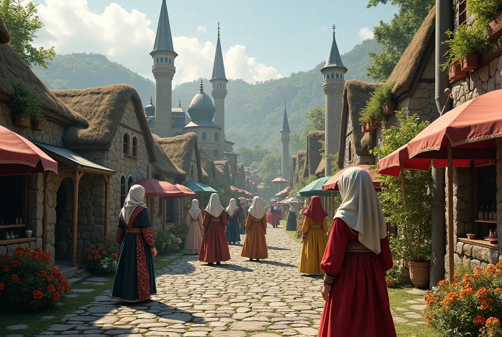 An imaginary image of a beautiful medieval european muslim village with Scandinavian people dressed in traditional islamic dresses which embodies european dress features,dress of the people has medieval European and islamic features, realistic.
