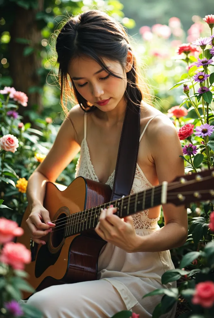 An ultra detailed, enigmatic looking a beautiful young girl ,She is nude,she playing guitar on the garden flower