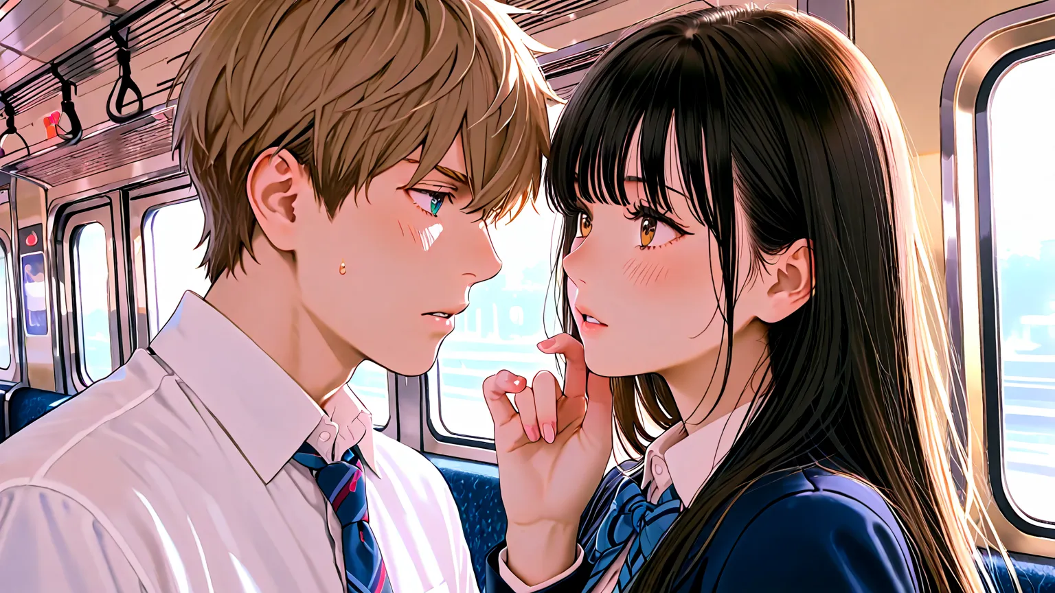 An 18-year-old high school boy and girl are on a train、Only 2 people are shown、Their hair color is light brown, close to black、The two are wearing high school uniforms、The woman is wearing a skirt、the focus is on and details are also drawn